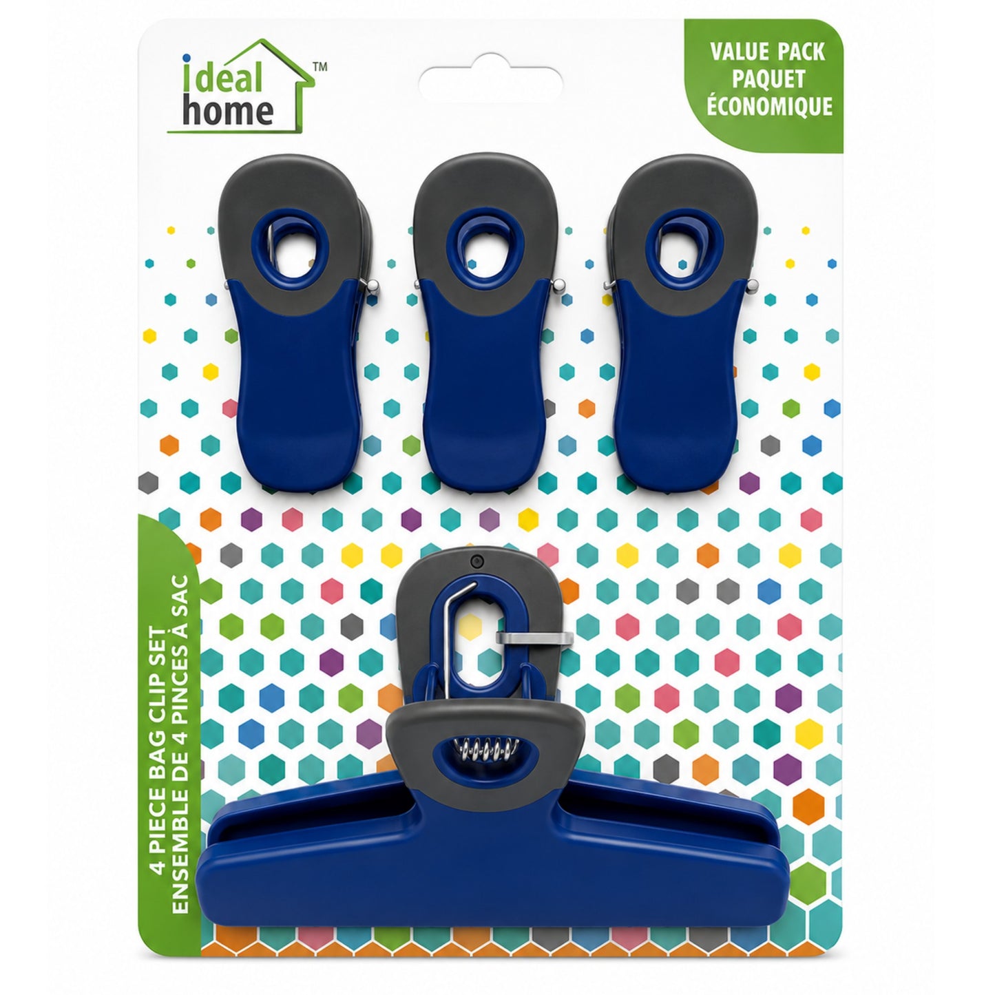Set of blue bag clips with gray accents on a colorful polka dot background, featuring 'ideal home' branding.