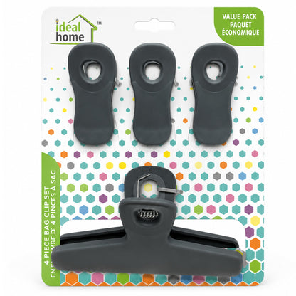 Set of bag clips on Ideal Home packaging with a colorful hexagonal pattern.