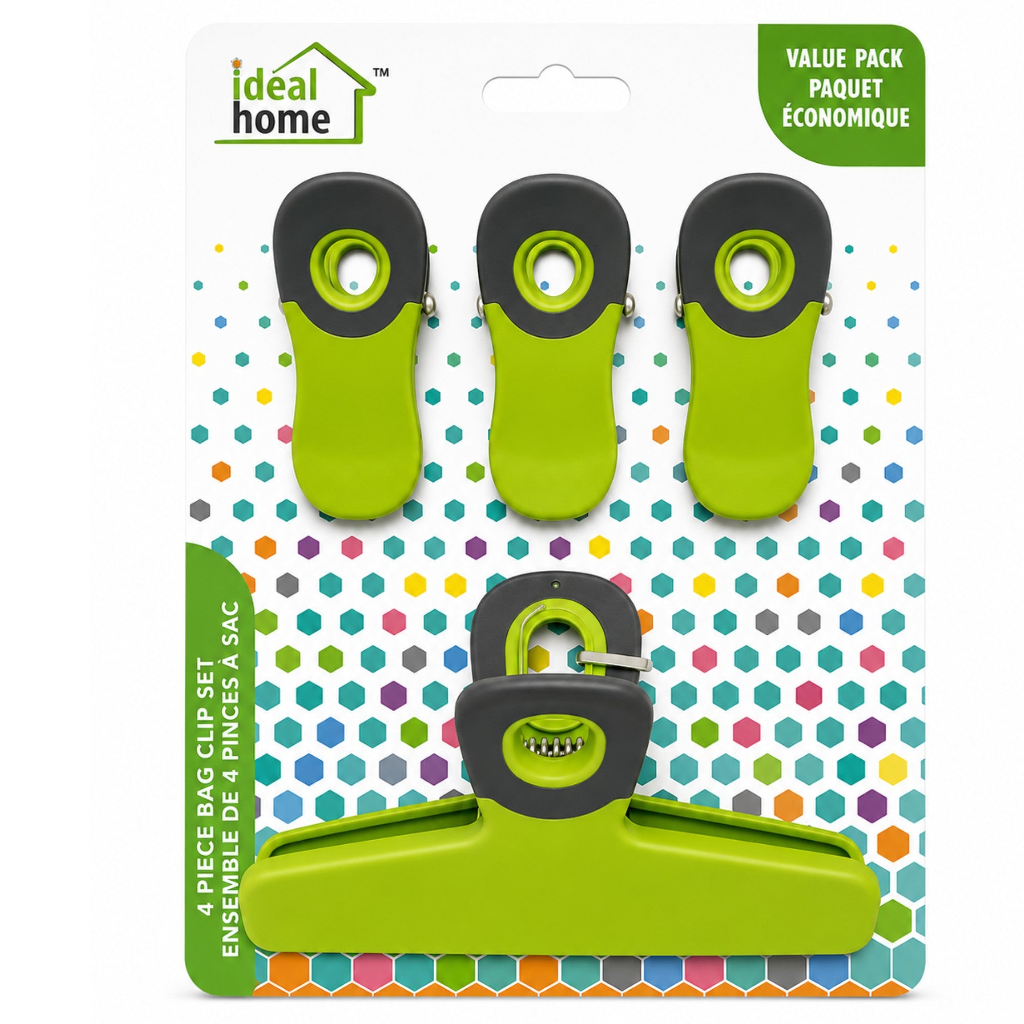 Green bag clip set with black accents on a colorful polka dot background, labeled 'ideal home'.