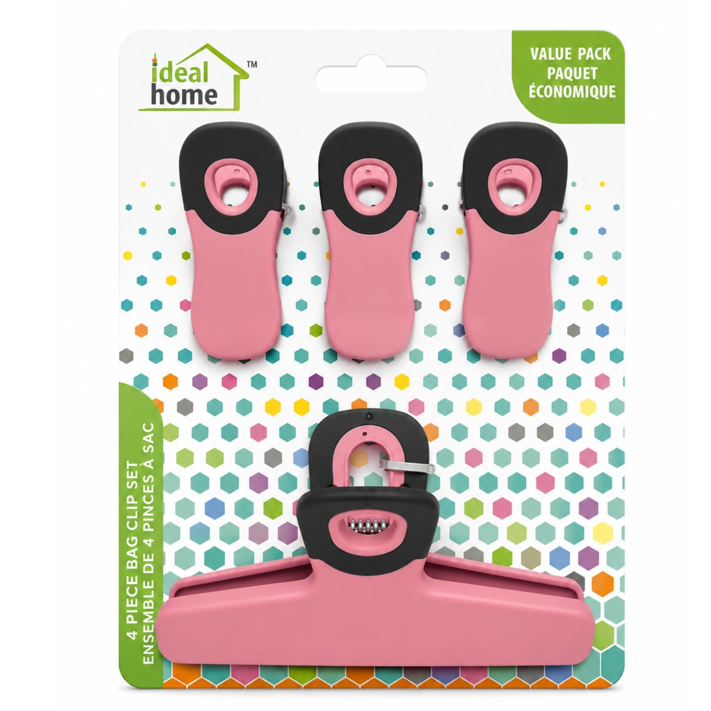 Pink bag clips with black accents on a colorful patterned packaging
