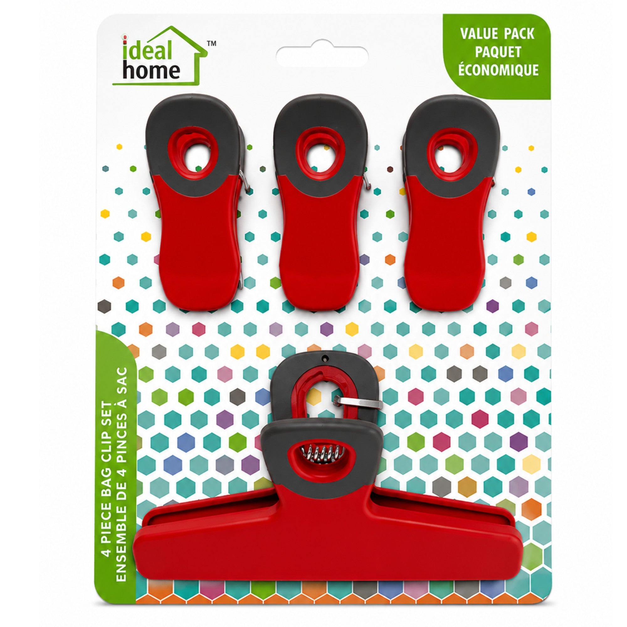 Red bag clip set with gray accents on a colorful hexagonal patterned card, labeled 'ideal home'.