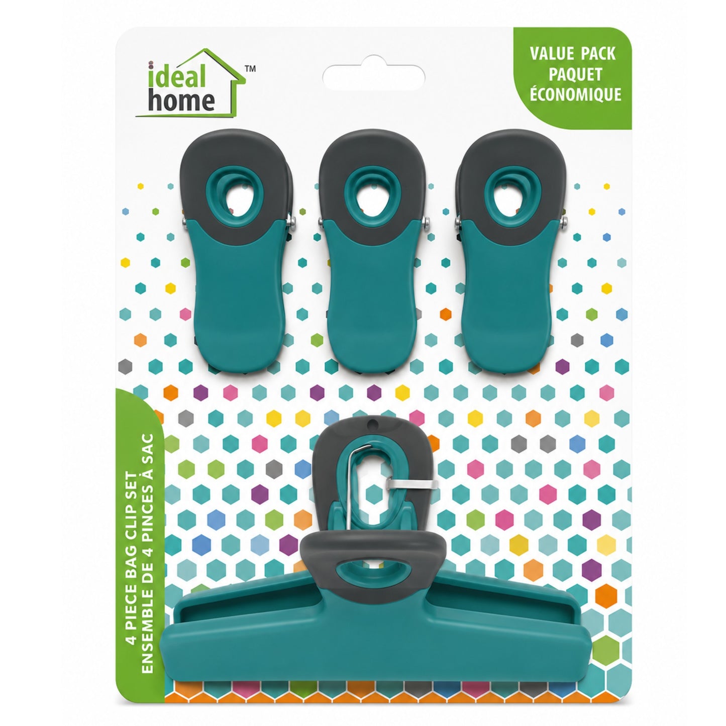 Set of four teal bag clip sets on a polka dot background with 'ideal home' branding.