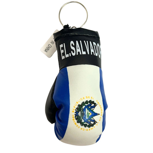 Mini boxing glove keychain with El Salvador flag design on a white background