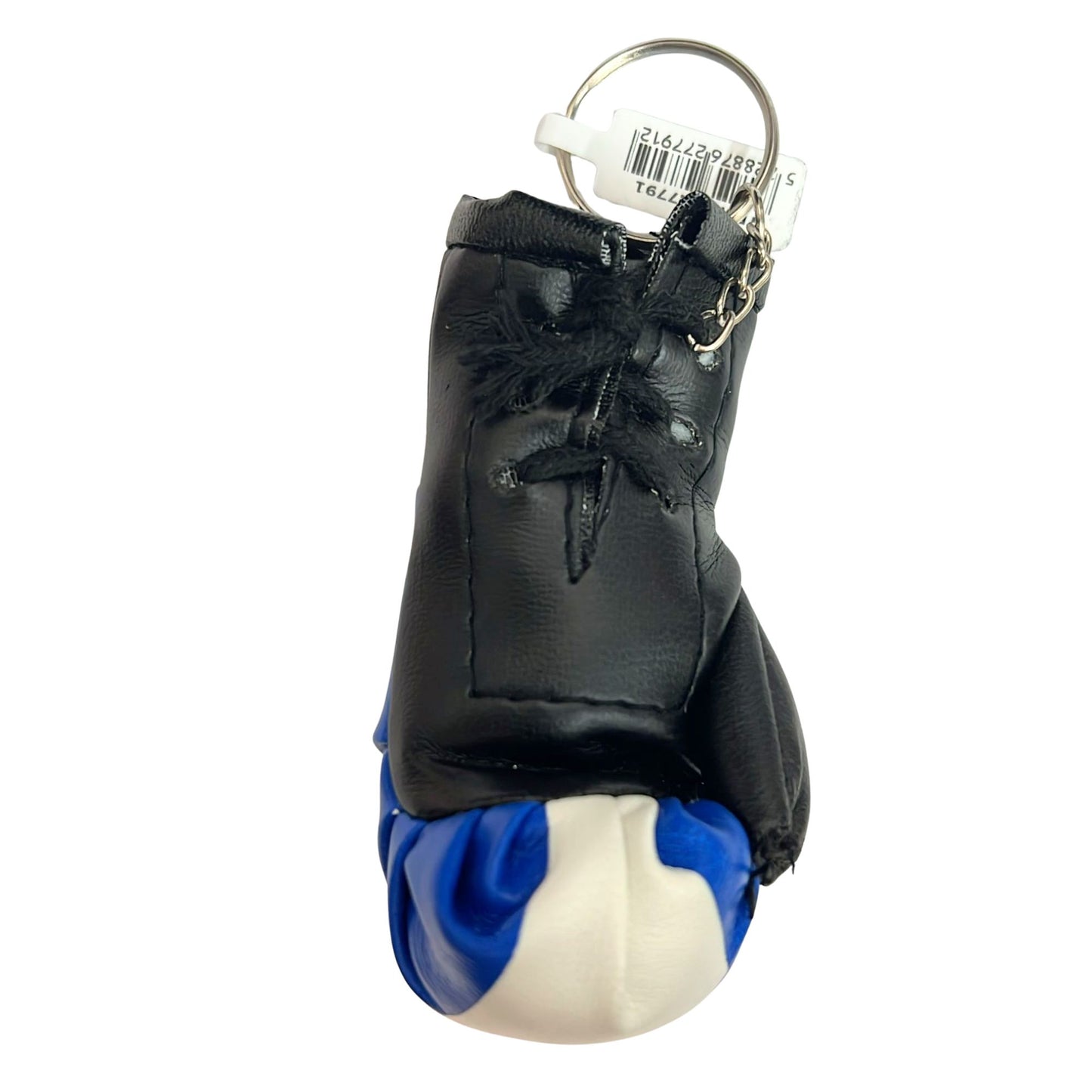Black leather boot keychain with blue and white accents on a white background