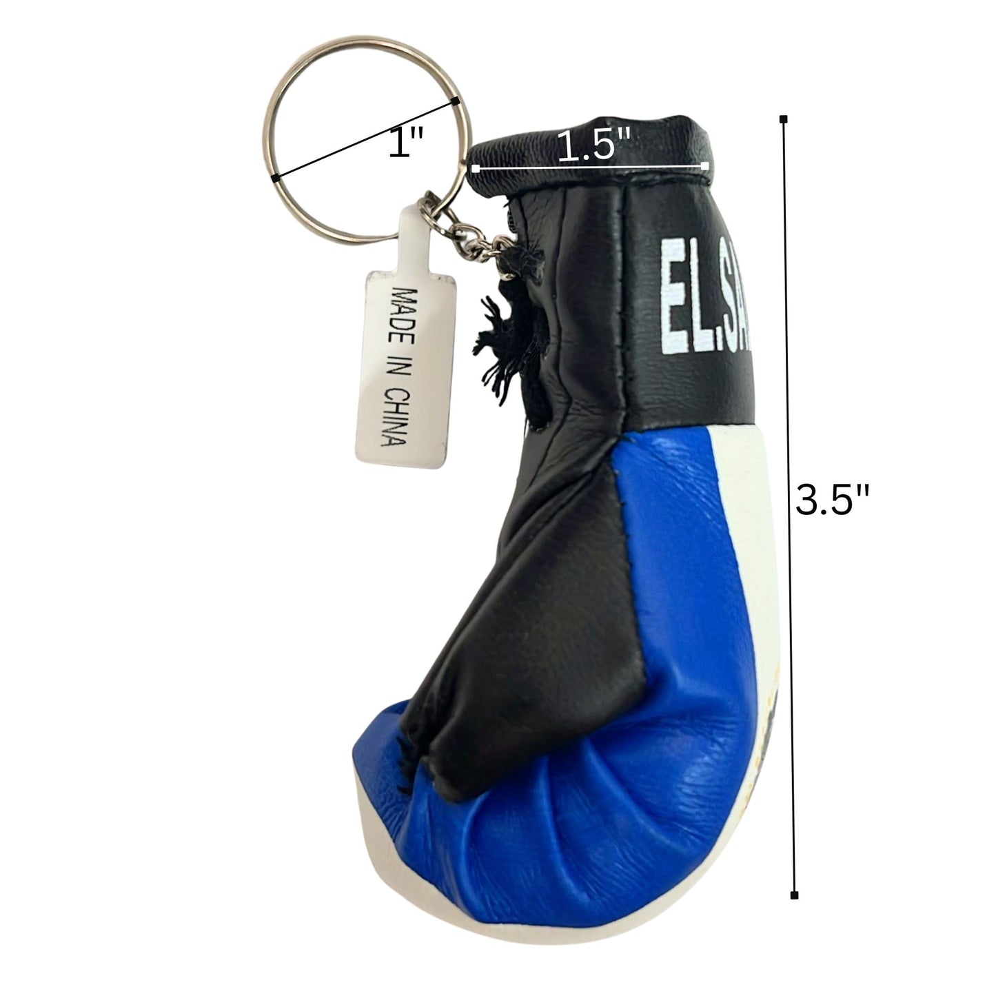 Blue and black boxing glove keychain with measurements on a white background
