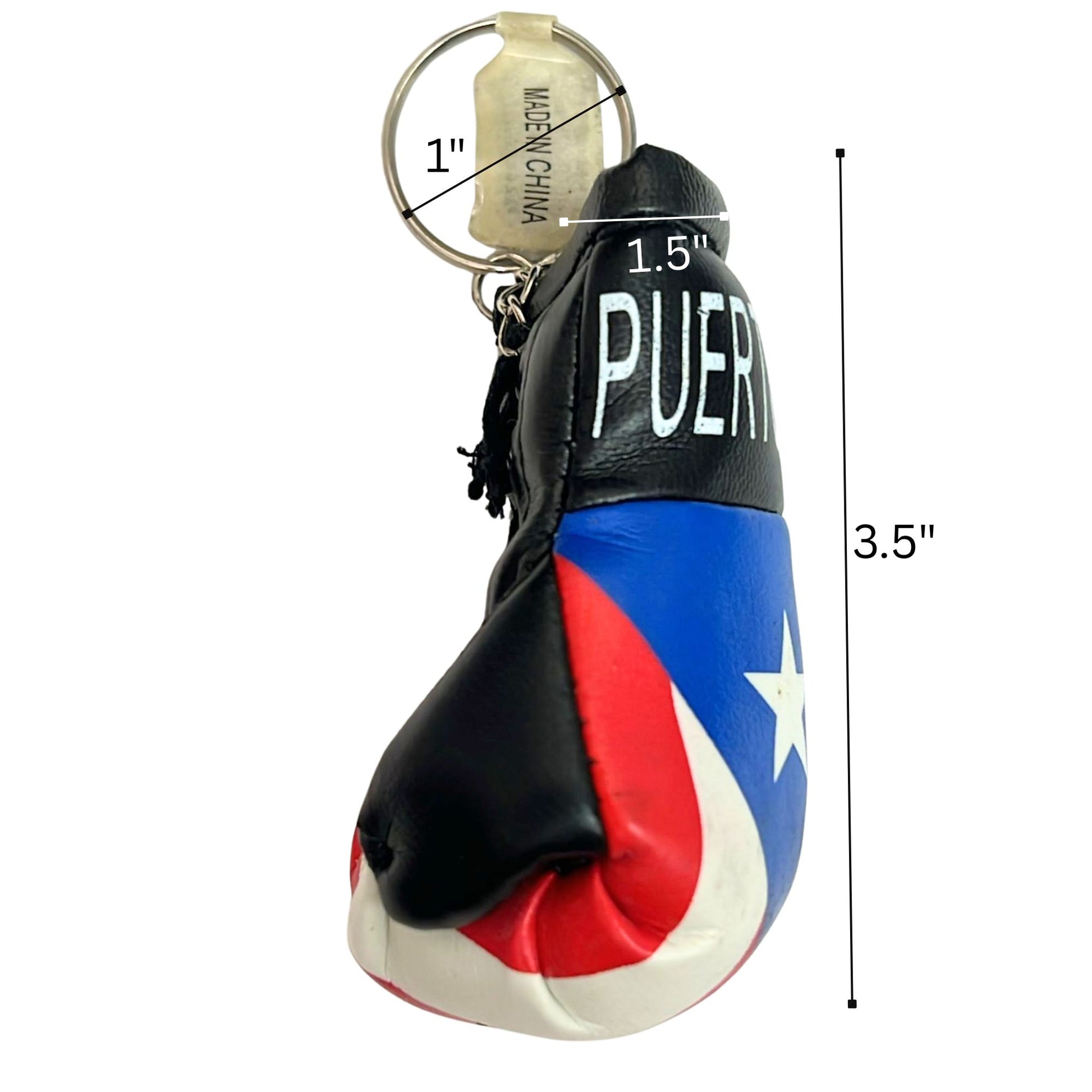 Keychain in the shape of a boxing glove with Puerto Rican flag design and measurements on a white background