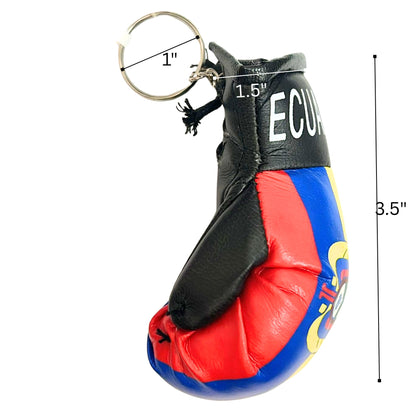 Miniature boxing glove keychain with Ecuadorian flag design, shown with measurements on a white background.