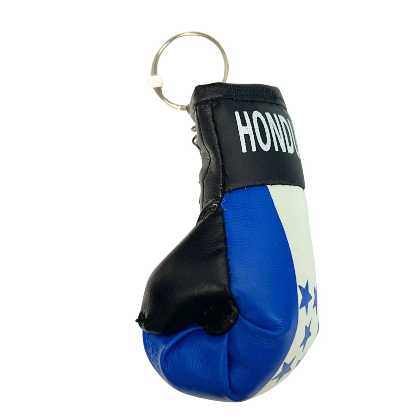 Miniature boxing glove keychain with blue, white, and black design on a white background