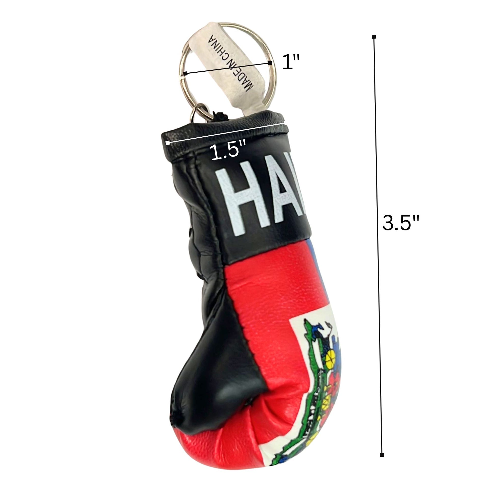 Mini boxing glove keychain with measurements on a white background