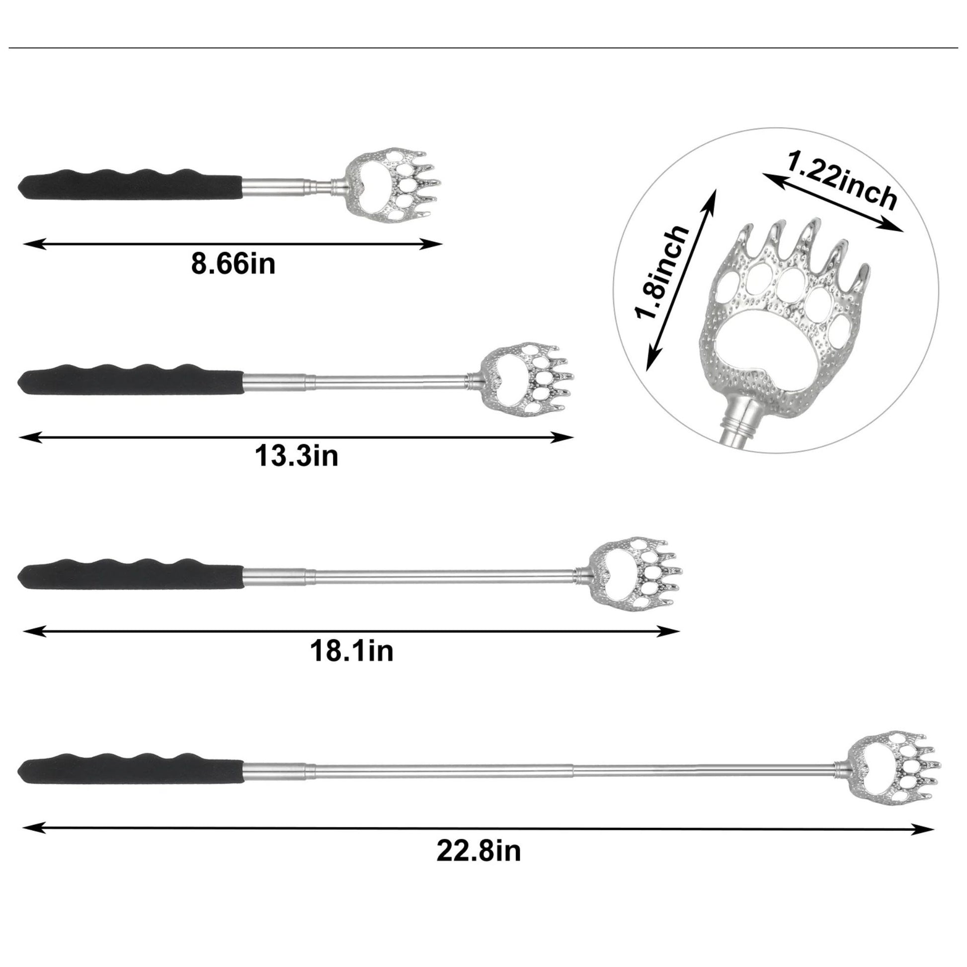 Measurement chart of different sizes of metal tools with paw-like ends on a white background.