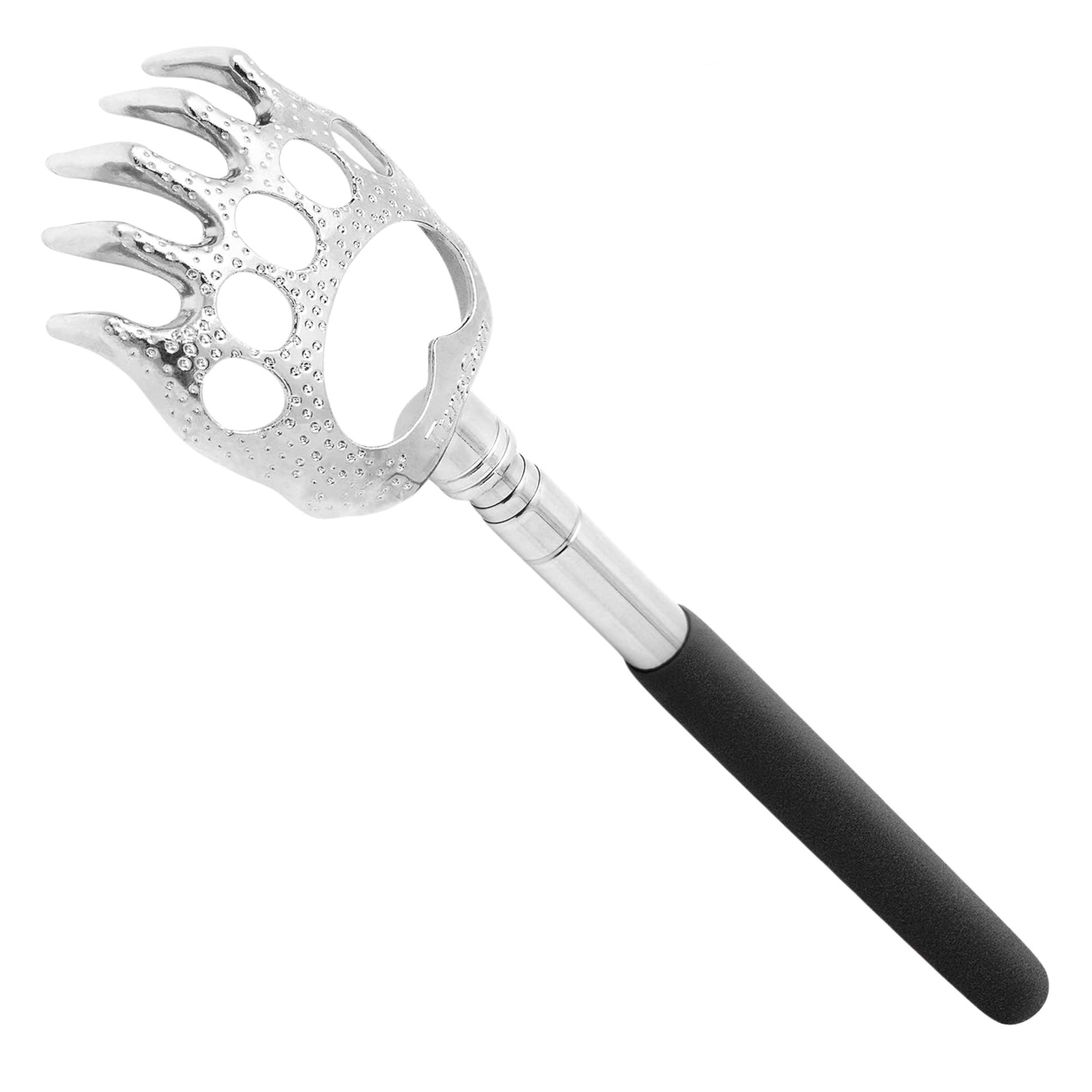 Metallic back scratcher with black handle on a white background