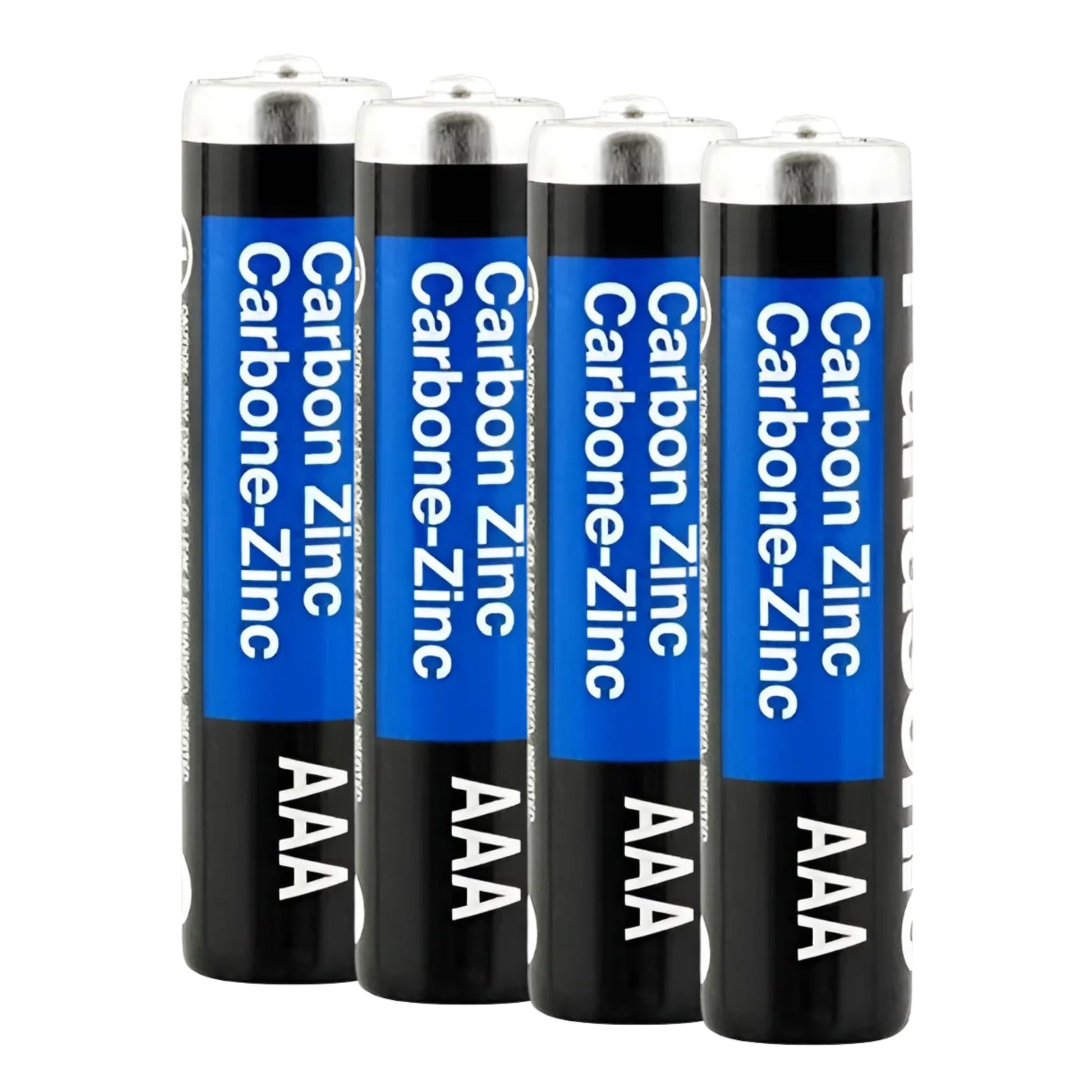 Four AAA carbon zinc batteries with blue labels on a white background
