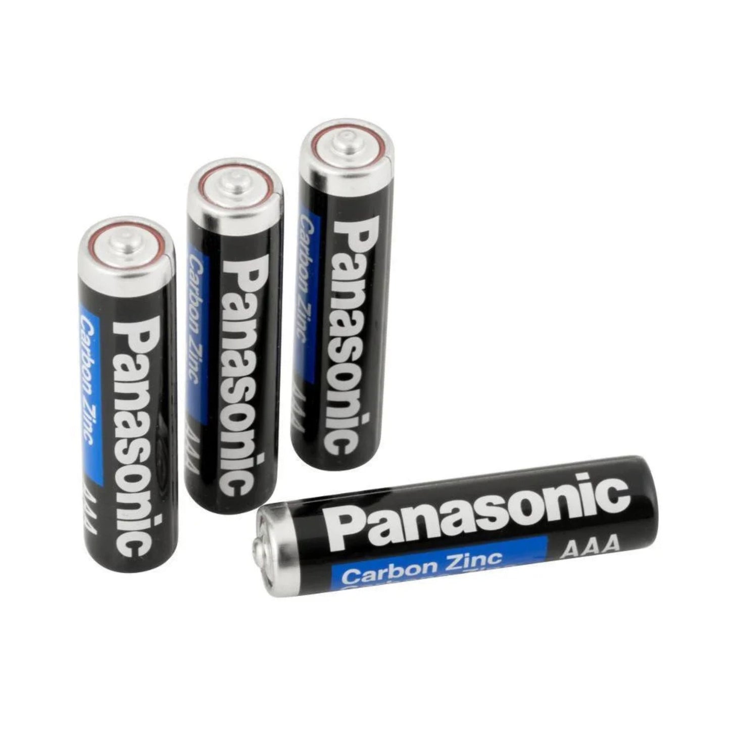 Four Panasonic AAA batteries on a white background