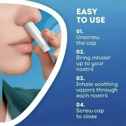 Inhaler being used with step-by-step instructions on a blue background