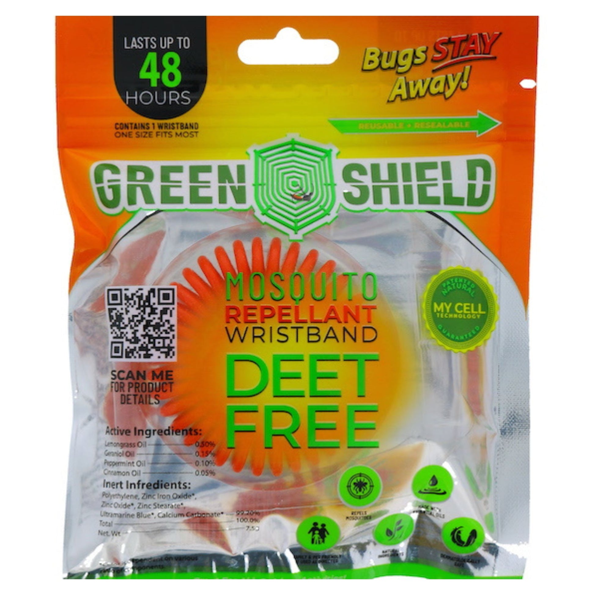 Green Shield mosquito repellent wristband packaging with orange and green design.