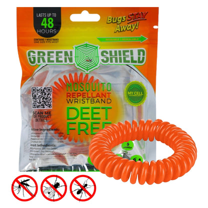 Green Shield mosquito repellent wristband packaging with wristband on an orange background