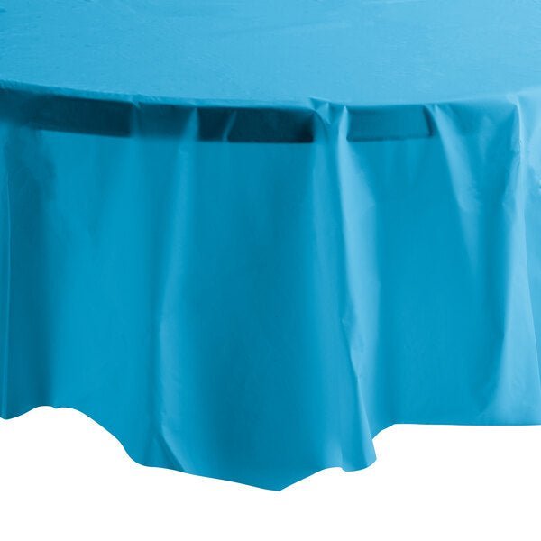 84''Medium Blue Round TableCloth Plastic Disposable Tablecovers Tablecloths Round size and feature image