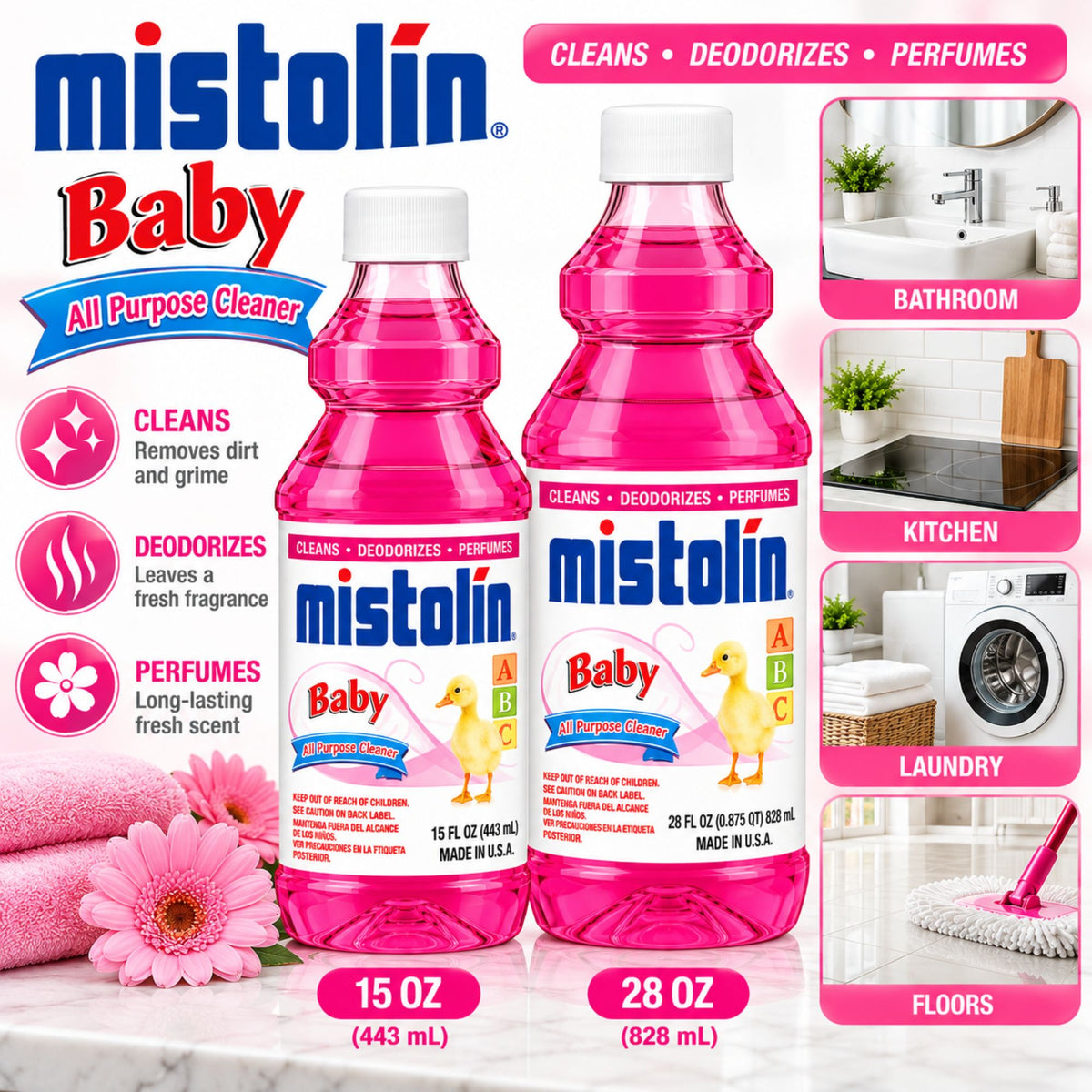Mistolin Baby All Purpose Cleaner, 15 oz & 28 oz, Multi-Surface Cleaning Liquid