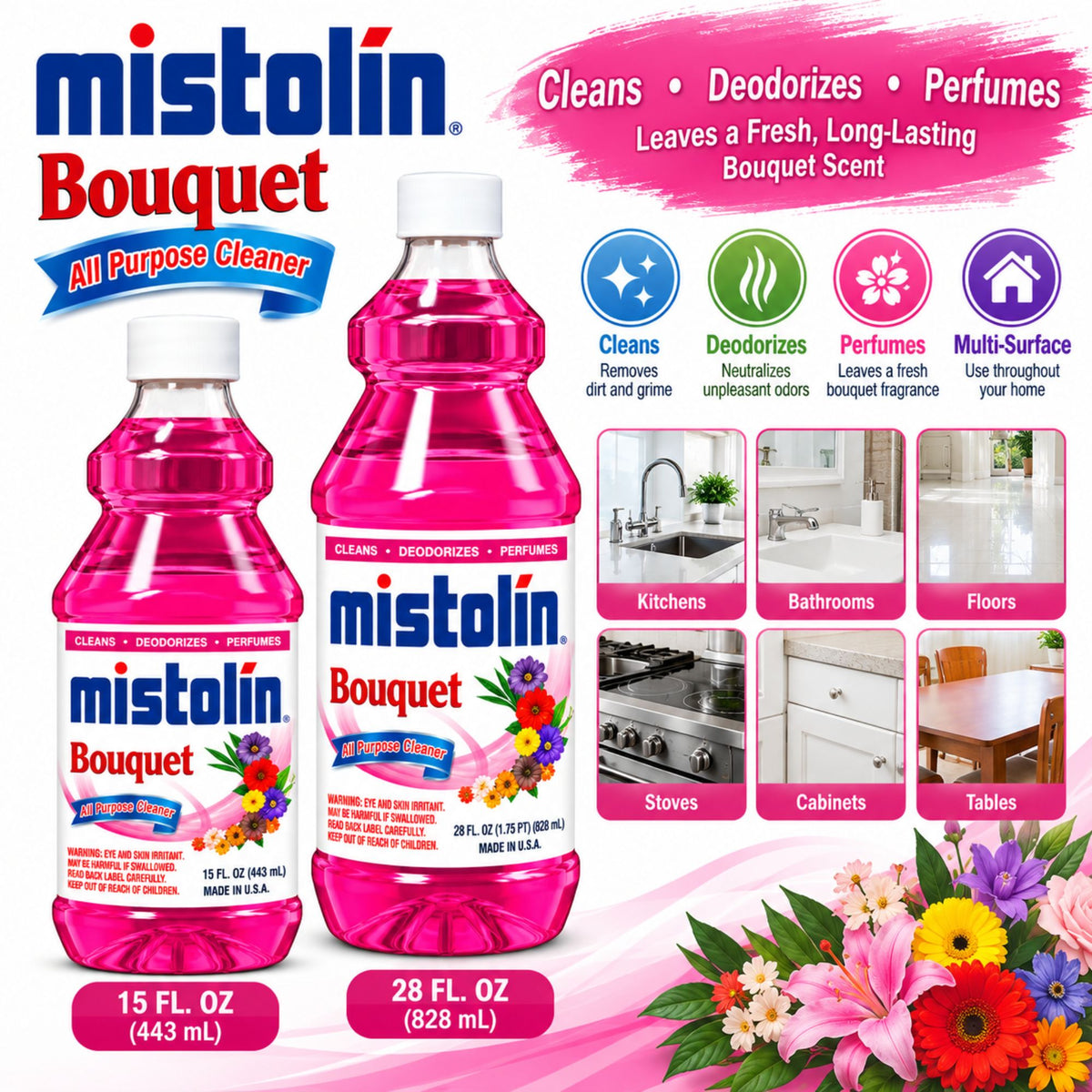 Mistolin Bouquet All Purpose Cleaner, 15 oz & 28 oz, Multi-Surface Cleaning Liquid