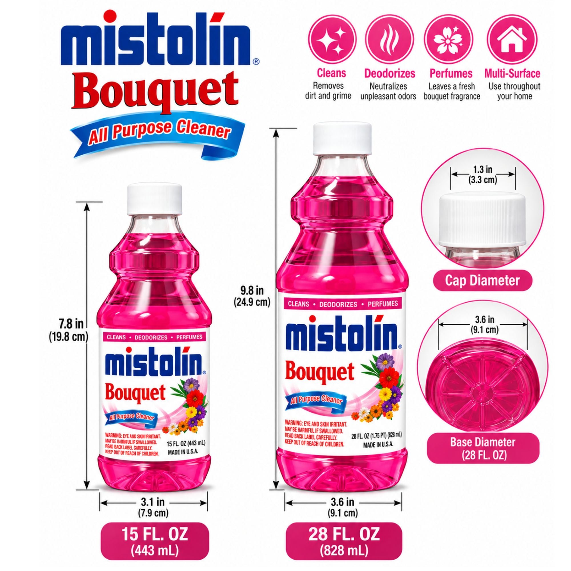 Mistolin Bouquet All Purpose Cleaner, 15 oz & 28 oz, Multi-Surface Cleaning Liquid