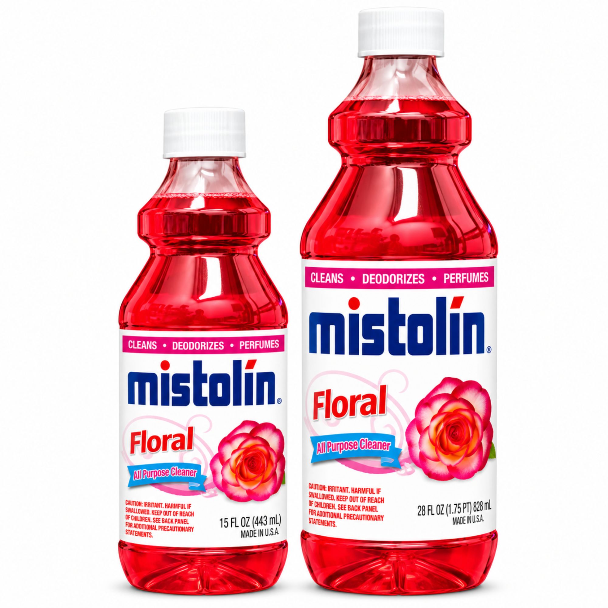 Two Mistolin Floral air freshener bottles on a white background, one 15 fl oz and one 28 fl oz, showing the red liquid and floral label details.