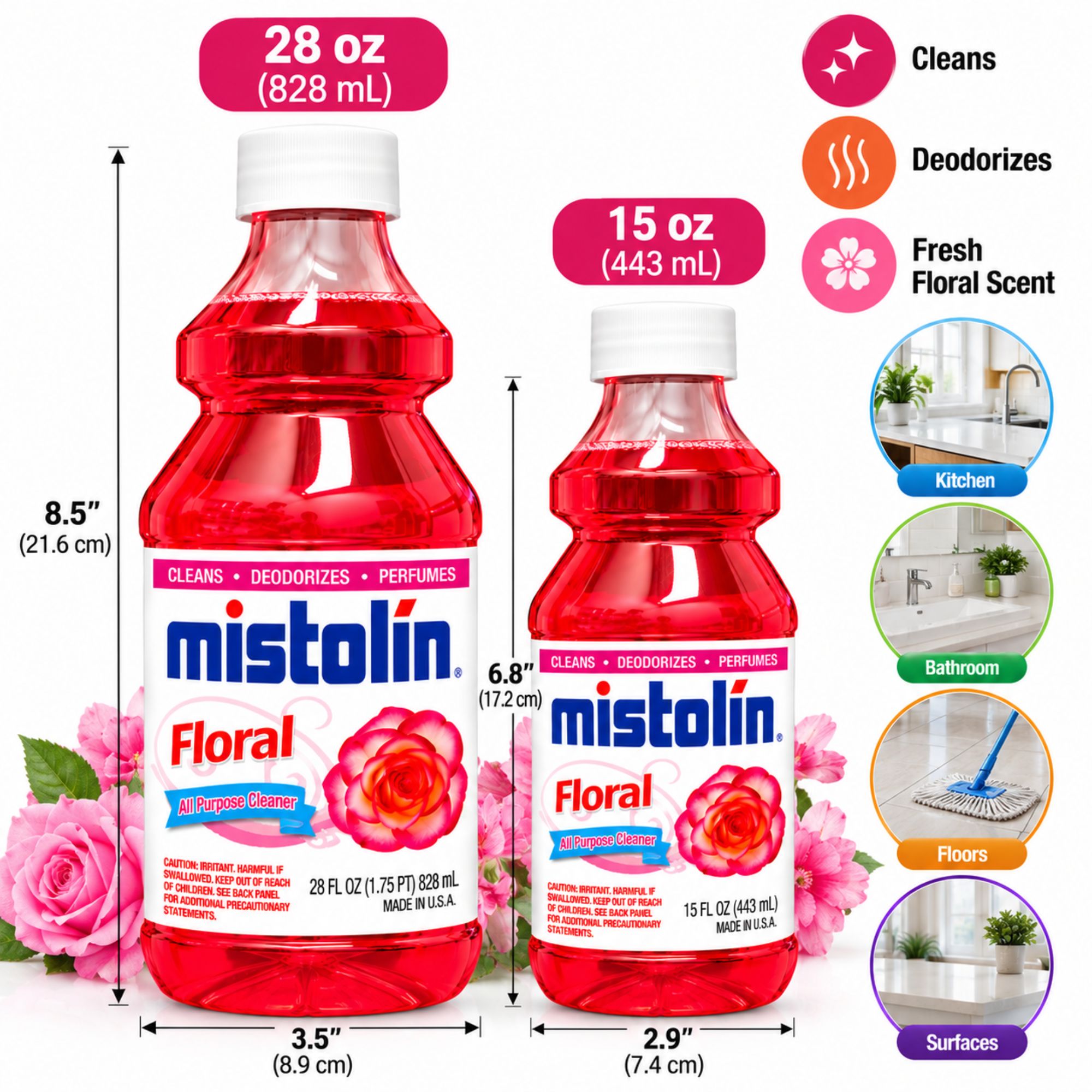 Mistolin Floral All Purpose Cleaner, 15 oz & 28 oz, Multi-Surface Cleaning Liquid