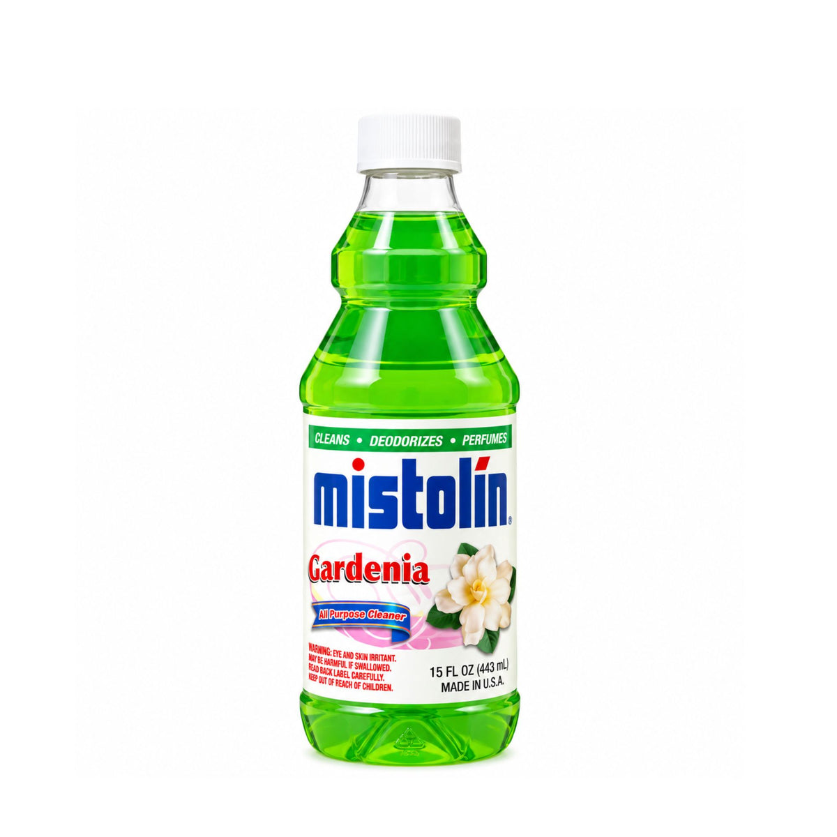 A bottle of Mistolin Gardenia cleaning spray with bright green liquid, a white cap, and a white label featuring the blue Mistolin brand name and a gardenia flower illustration, on a white background.