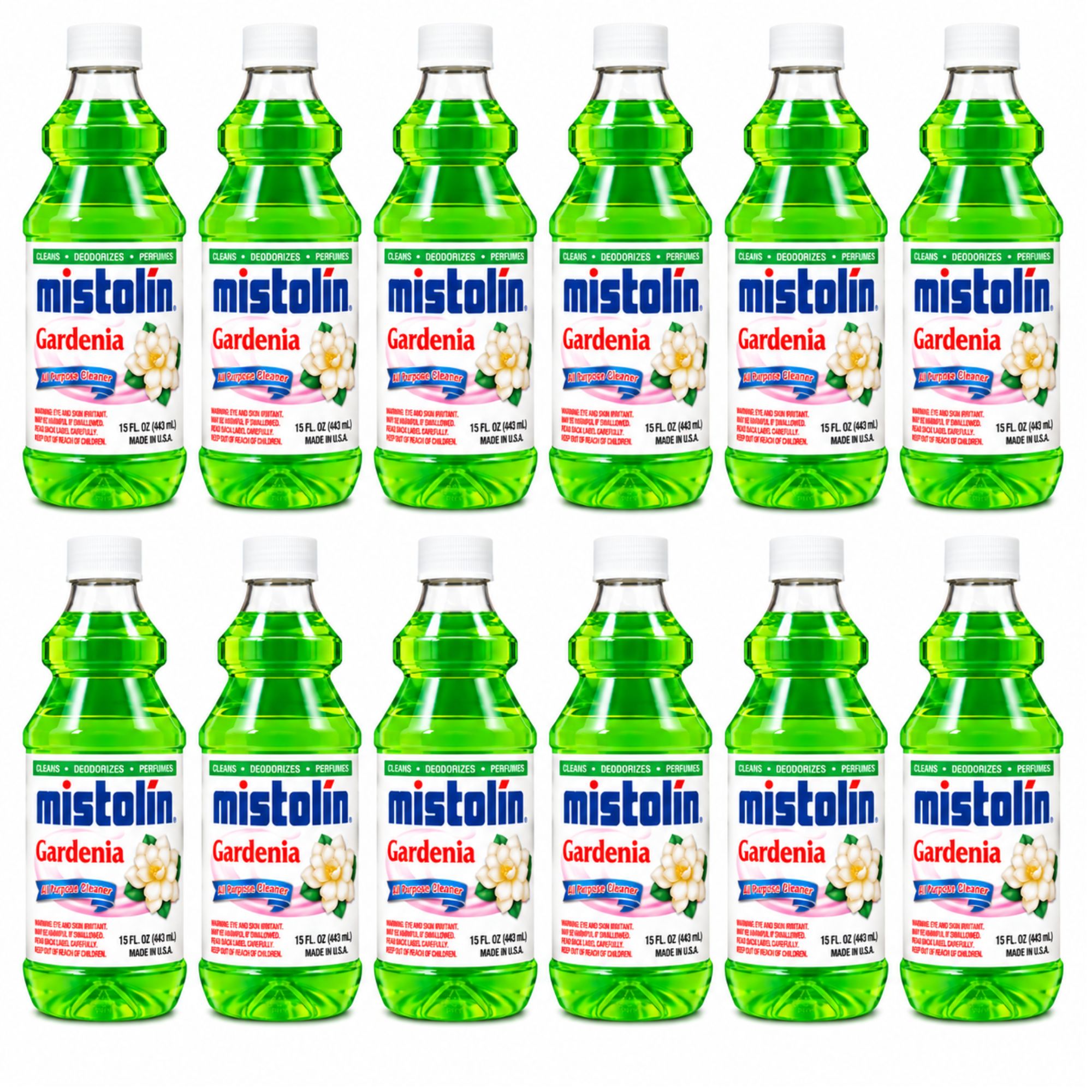 Twelve bottles of Mistolin Gardenia hand sanitizer arranged in two rows of six on a plain white background. Each clear plastic bottle contains bright green liquid and has a white cap with a white label featuring blue and red text and a gardenia flower illustration.
