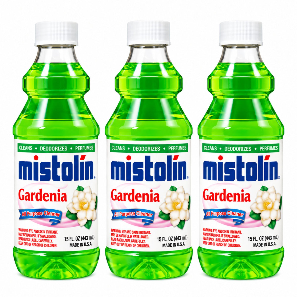Three bottles of Mistolin Gardenia Purpose Cleanse liquid cleaner arranged side by side on a white background.