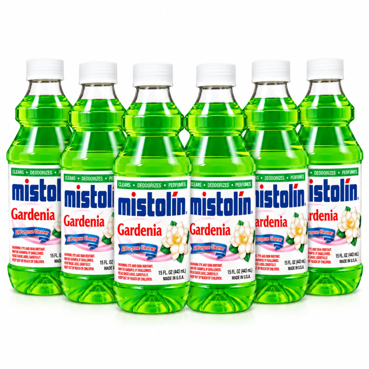 Six bottles of Mistolin Gardenia hand wash arranged in a row on a white background.