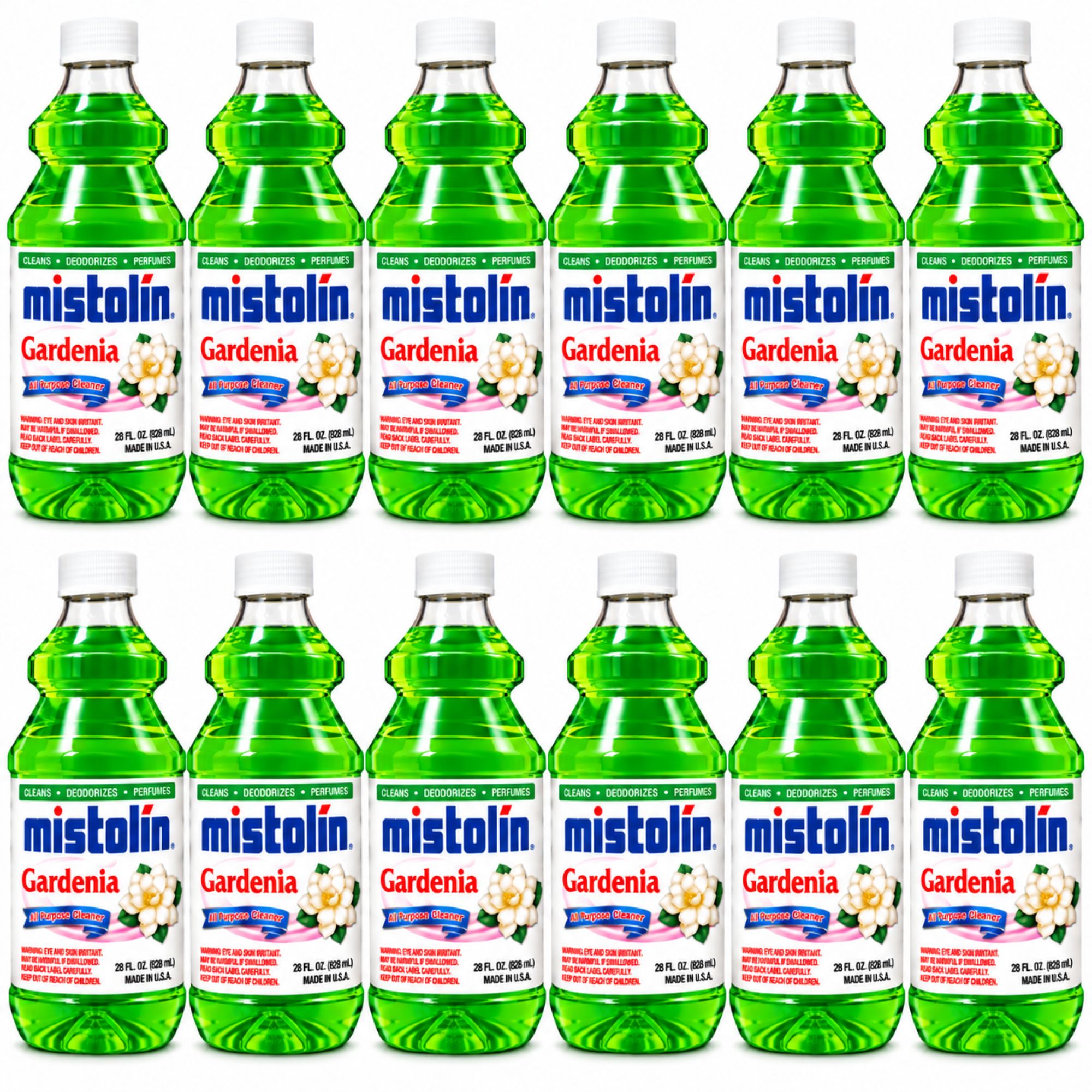 Twelve bottles of Mistolin Gardenia liquid plant fertilizer arranged in two rows of six on a plain white background.