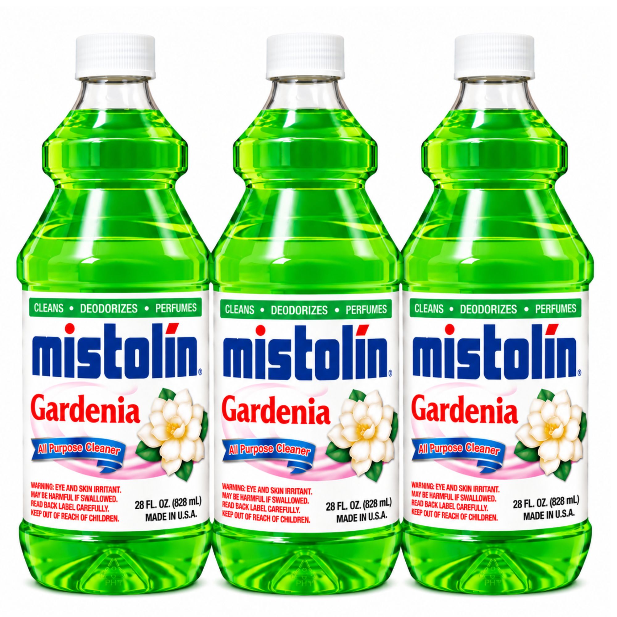 Three bottles of Mistolin Gardenia 70% pure essential oil hand and foot cleanser arranged side by side on a white background.