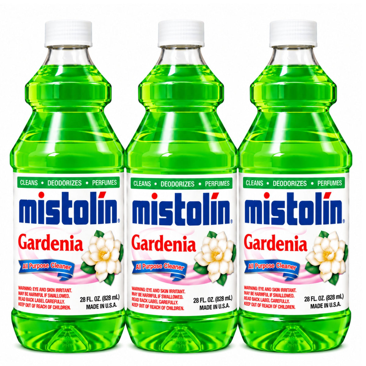 Three bottles of Mistolin Gardenia 70% pure essential oil hand and foot cleanser arranged side by side on a white background.