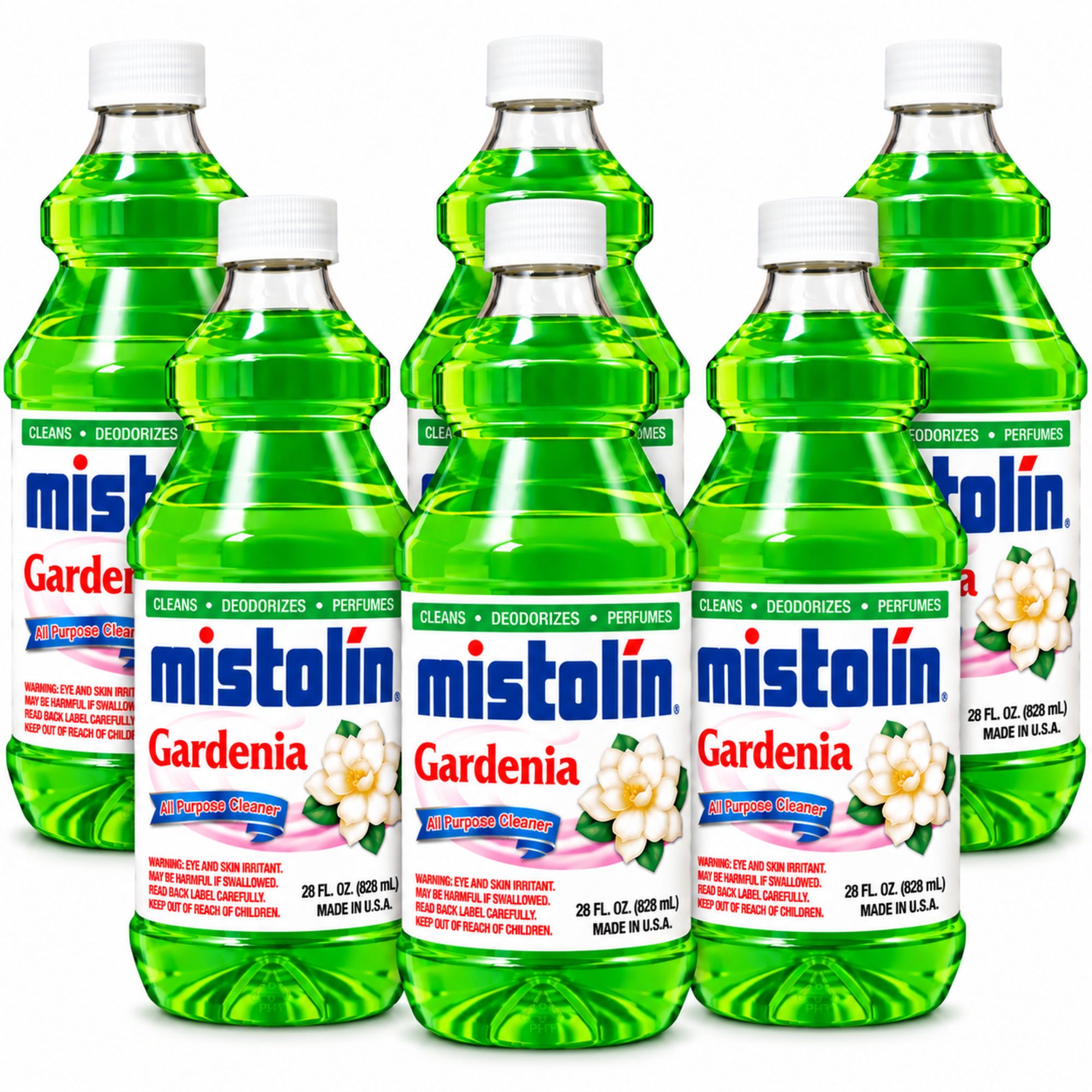 Six Mistolin Gardenia deodorizer and perfume bottles arranged in two rows on a white background.
