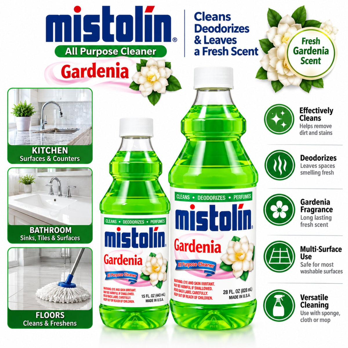 Two Mistolin Gardenia all-purpose cleaner bottles on a white background with product information panels, usage examples for kitchen, bathroom, and floors, and feature callouts.