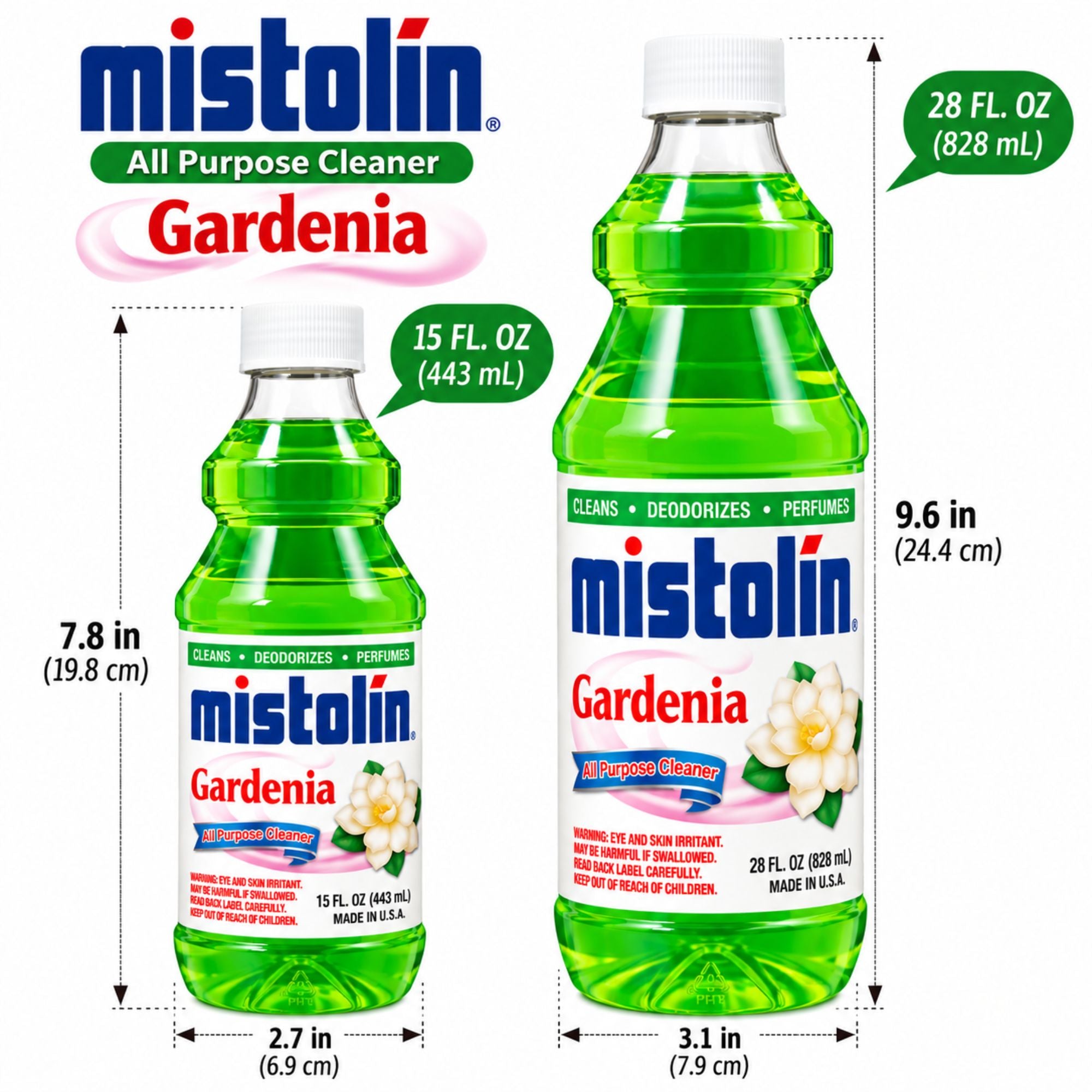 Two Mistolin Gardenia all-purpose cleaner bottles shown with labeled dimensions and volume information on a white background. One bottle is 15 FL OZ (443 mL) and the other is 28 FL OZ (828 mL).