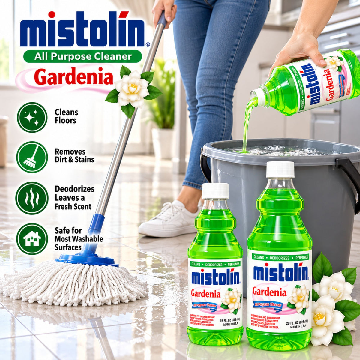 Mistolín Gardenia all-purpose cleaner bottles shown with a mop, bucket, and a person pouring the green liquid, plus product callout text on a bright indoor floor.