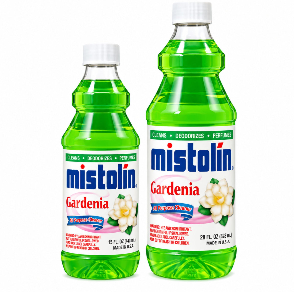 Two Mistolin Gardenia disinfectant and deodorizer bottles in green and 28 FL OZ (820 mL) sizes on a white background.