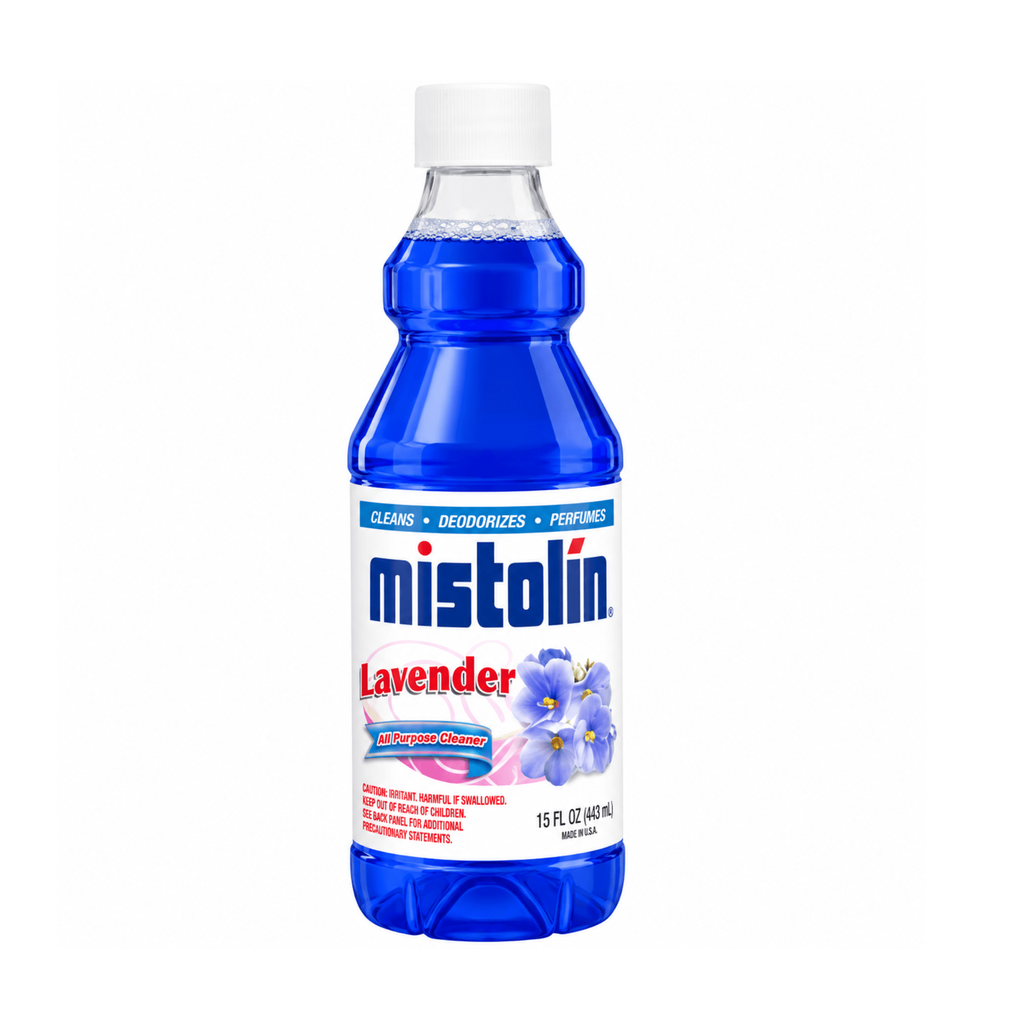 A 15 fl oz bottle of Mistolin Lavender steam repellent, featuring a vibrant blue liquid, a white cap, and a white label with blue and red text and lavender flower illustrations.