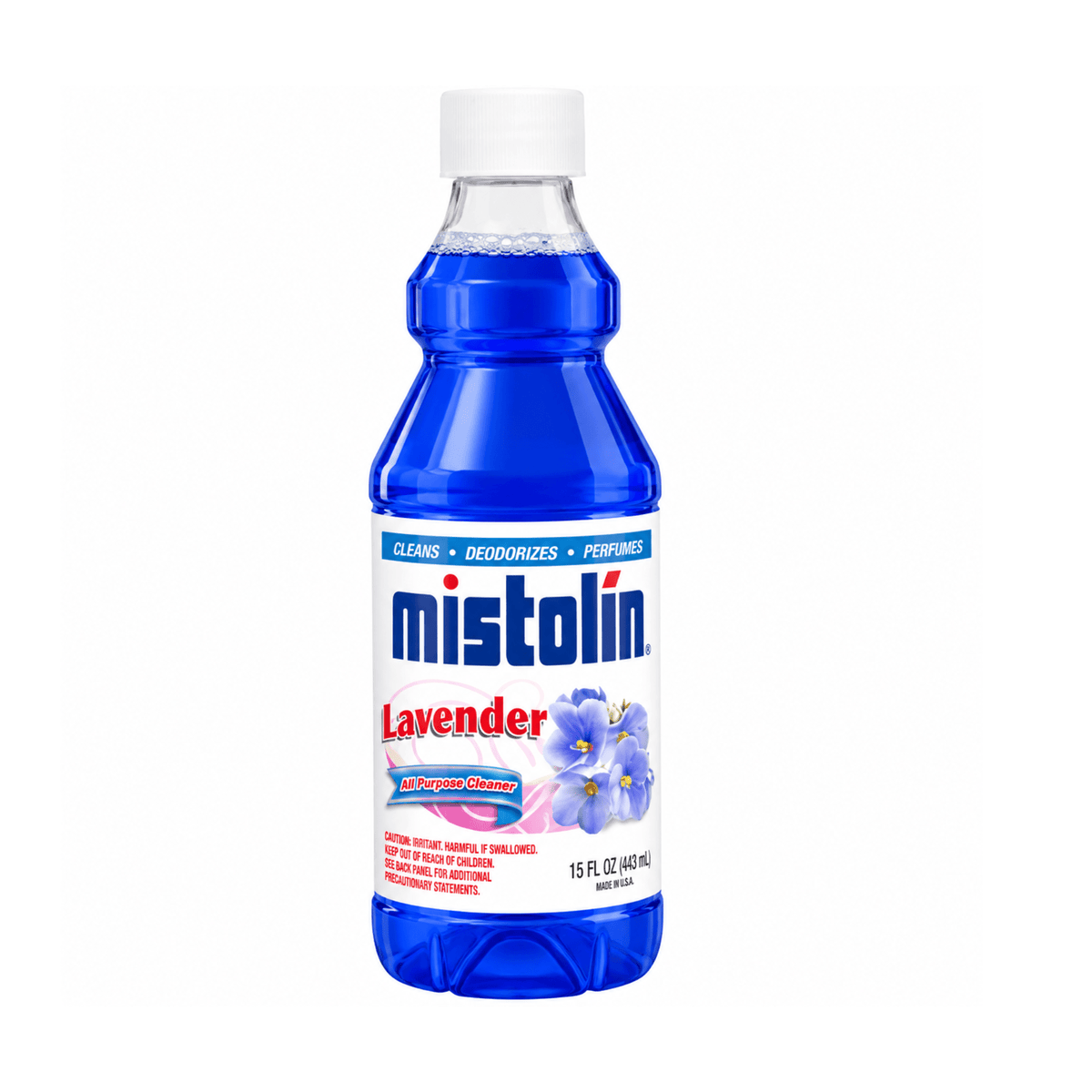 A 15 fl oz bottle of Mistolin Lavender steam repellent, featuring a vibrant blue liquid, a white cap, and a white label with blue and red text and lavender flower illustrations.