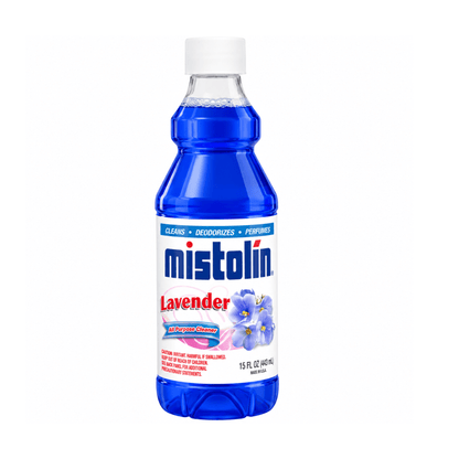 A 15 fl oz bottle of Mistolin Lavender steam repellent, featuring a vibrant blue liquid, a white cap, and a white label with blue and red text and lavender flower illustrations.