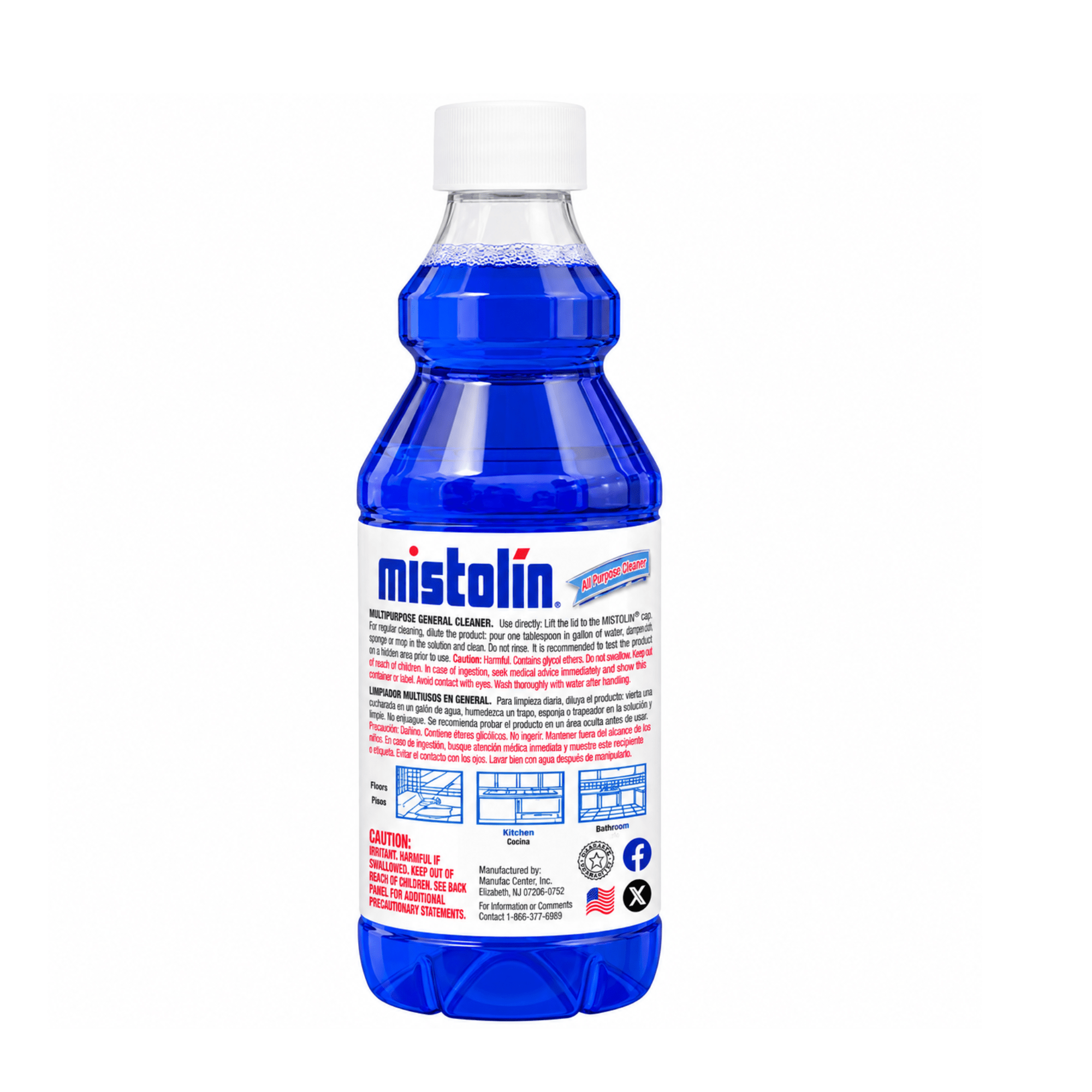 A bottle of Mistolin glass cleaner with blue liquid and a white cap, shown from the back on a white background.