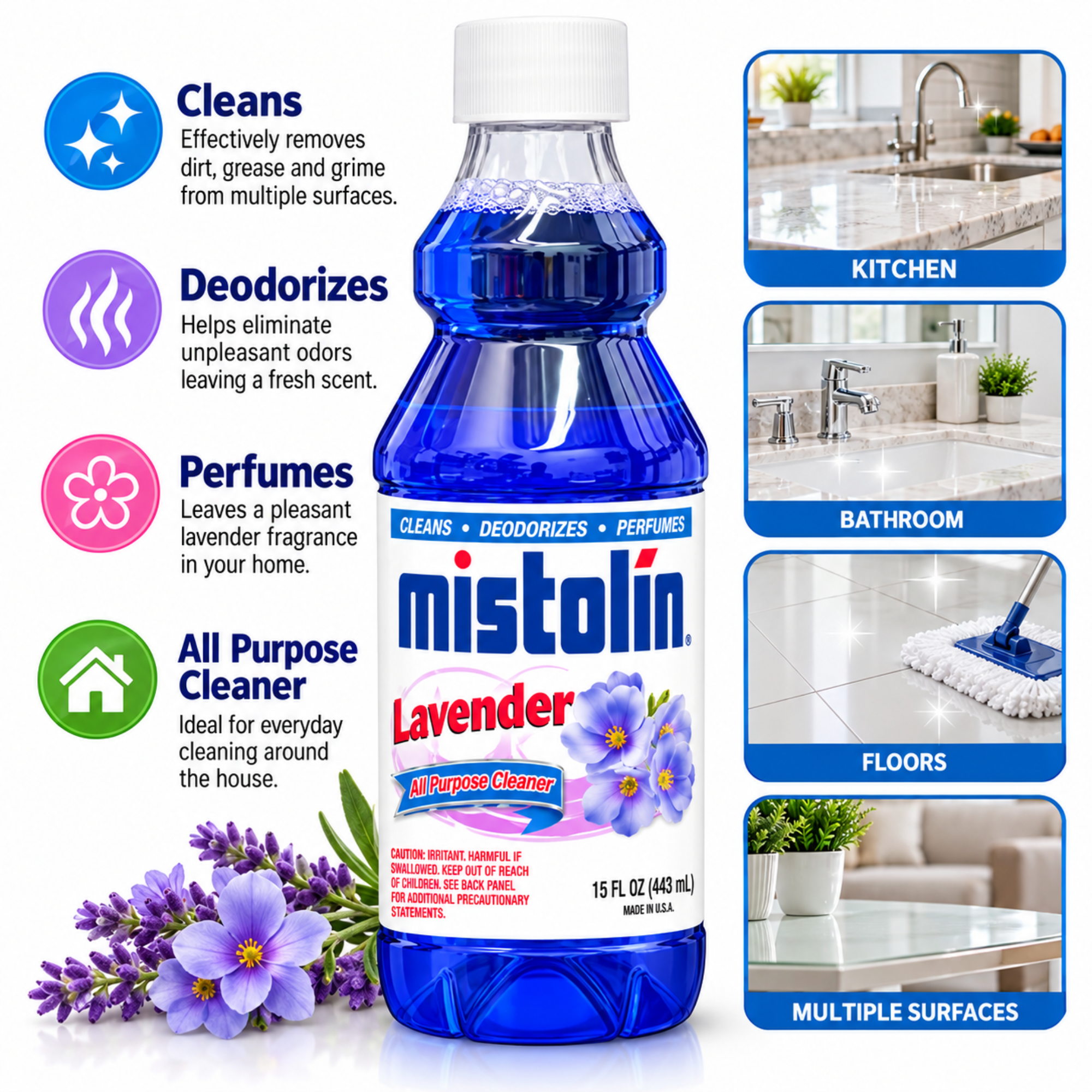 A bottle of Mistolin Lavender All Purpose Cleaner centered on a white background, surrounded by feature callouts and usage examples. The bottle is blue with a white cap and a label showing lavender flowers and the Mistolin brand.