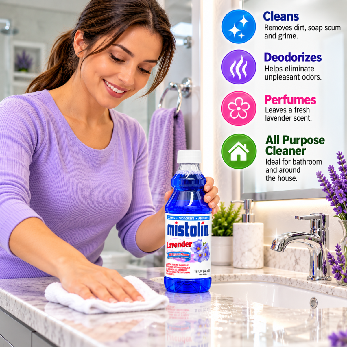 A woman in a purple ribbed long-sleeve top cleans a bathroom counter with a white cloth while holding a bottle of Mistolin Lavender cleaner. The right side features feature callouts with icons and text describing the product's benefits: Cleans, Deodorizes, Perfumes, and All Purpose Cleaner.