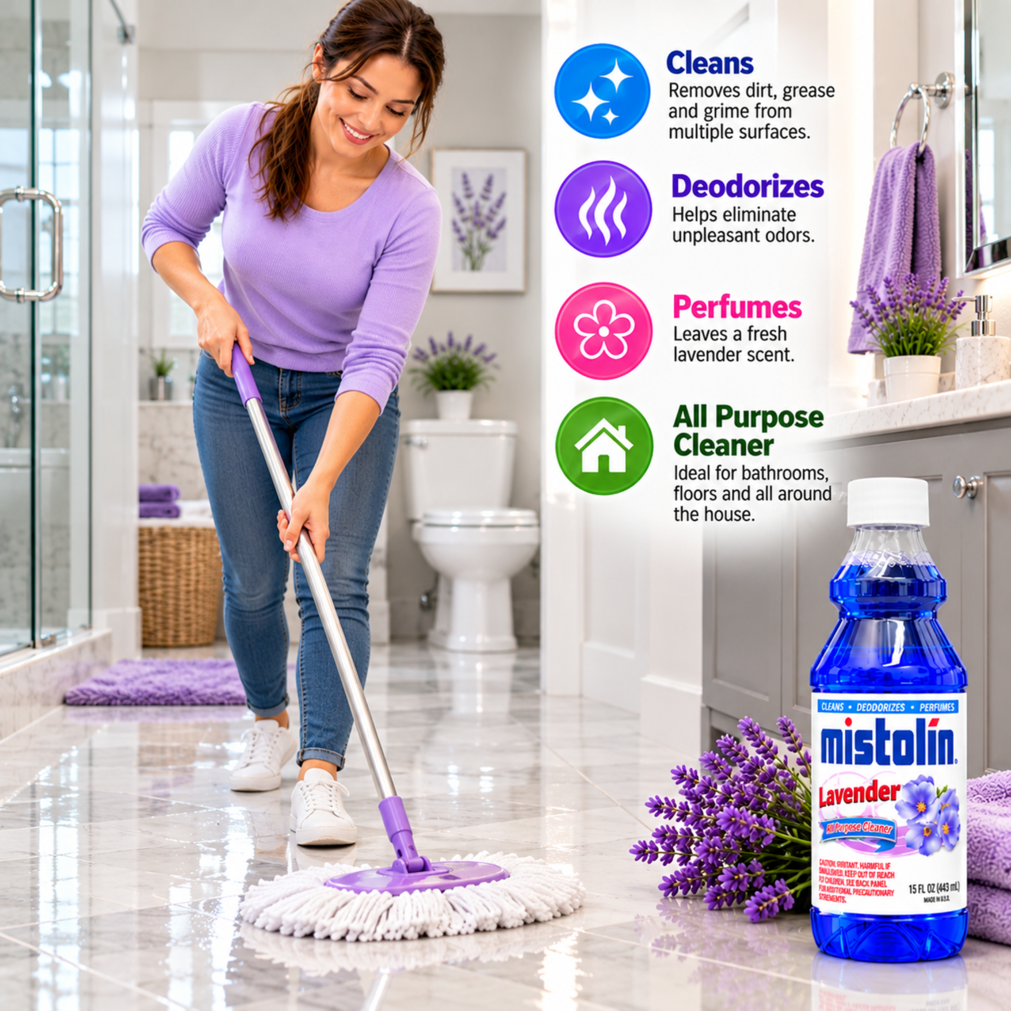 A woman mops a glossy tiled bathroom floor with a lavender-colored twist-mop. A bottle of Mistolin Lavender all-purpose cleaner is shown in the foreground, with product benefits listed on the right side against a bright bathroom background.