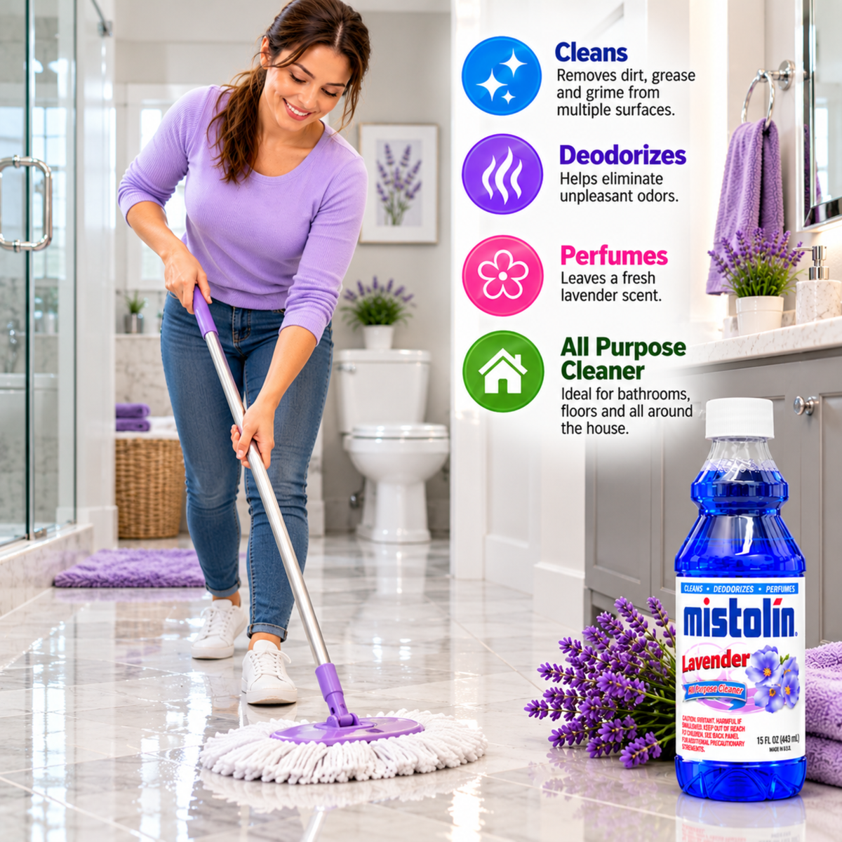 A woman mops a glossy tiled bathroom floor with a lavender-colored twist-mop. A bottle of Mistolin Lavender all-purpose cleaner is shown in the foreground, with product benefits listed on the right side against a bright bathroom background.