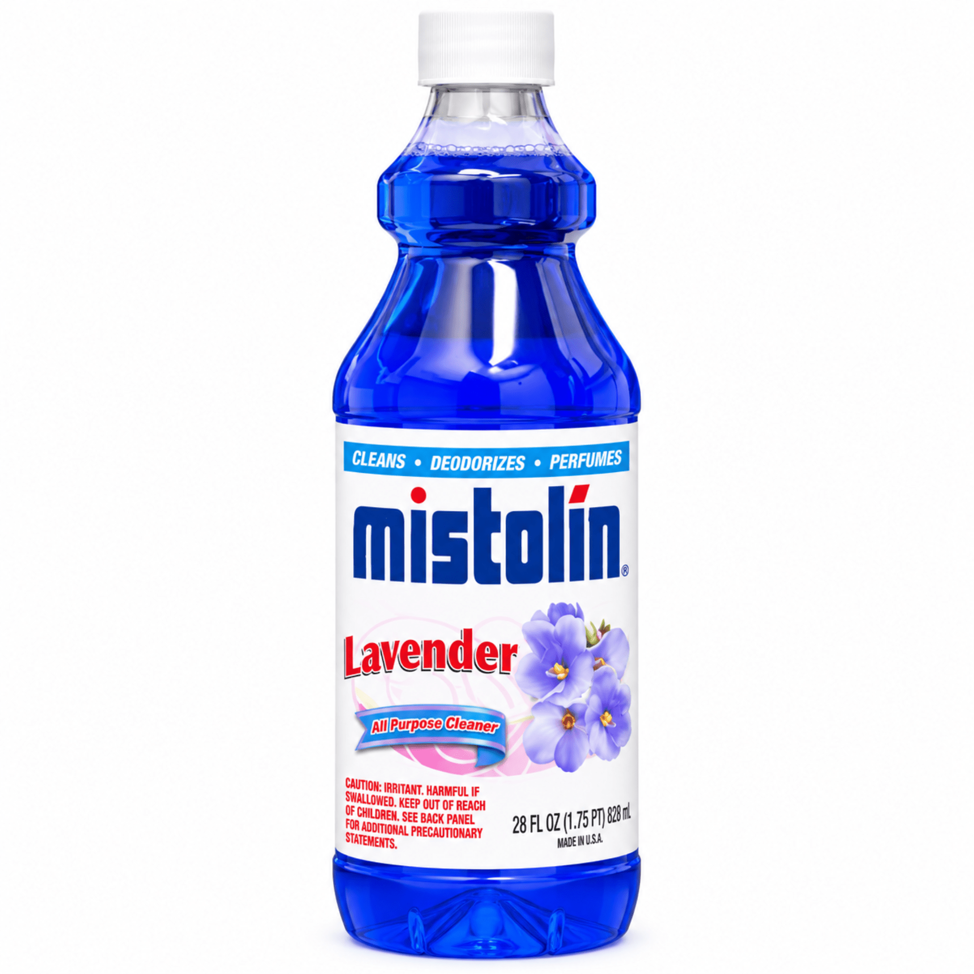 A bottle of Mistolin Lavender all-purpose cleaner filled with bright blue liquid, featuring a white cap and a white label with blue and red text and lavender flower graphics.