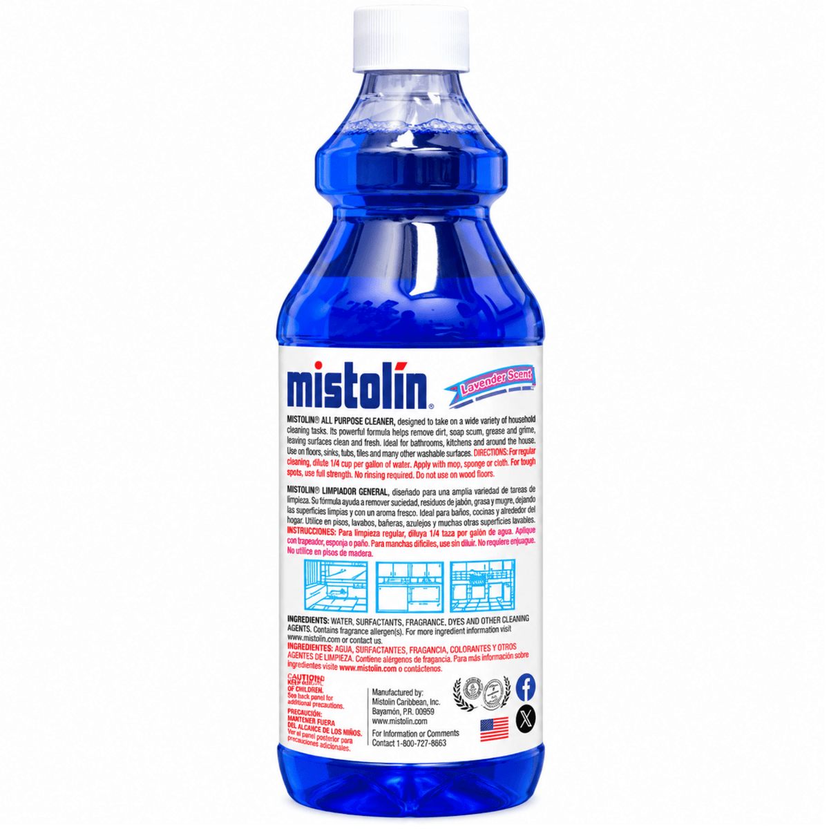 A bottle of Mistolin All Purpose Cleaner shown from the back, featuring a blue plastic bottle, white cap, and a detailed white label with blue and red text.