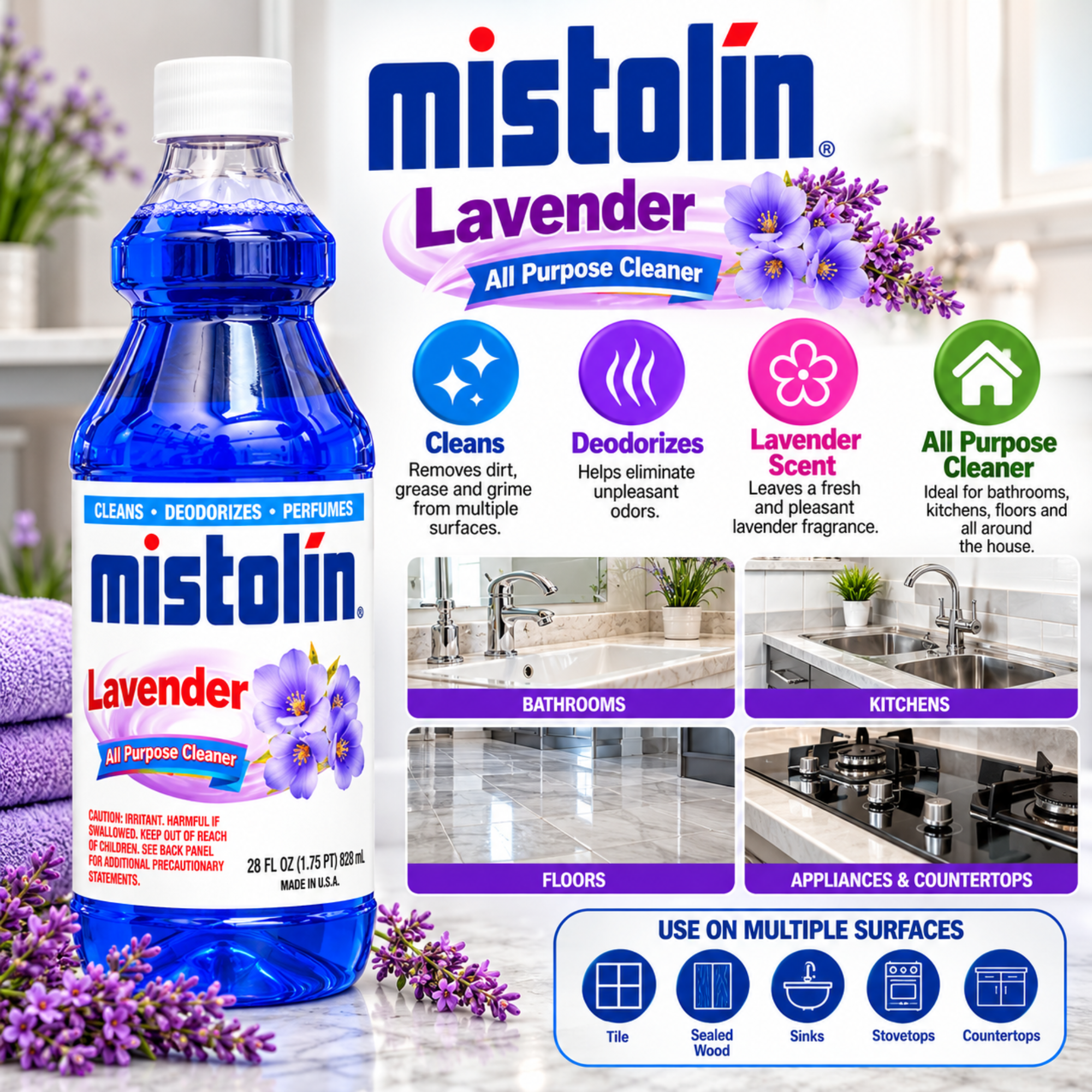 A bottle of Mistolin Lavender all-purpose cleaner shown prominently on the left, with a large product information panel on the right featuring the Mistolin brand, lavender imagery, benefit icons, and small usage examples for bathrooms, kitchens, floors, and appliances. The bottle contains bright blue liquid and has a white cap and multicolor label.