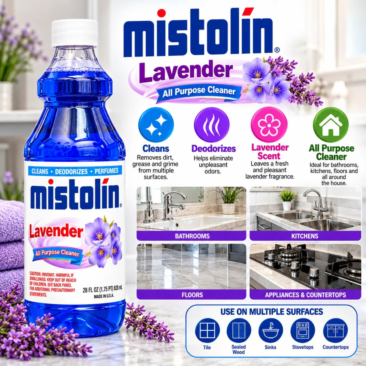 A bottle of Mistolin Lavender all-purpose cleaner shown prominently on the left, with a large product information panel on the right featuring the Mistolin brand, lavender imagery, benefit icons, and small usage examples for bathrooms, kitchens, floors, and appliances. The bottle contains bright blue liquid and has a white cap and multicolor label.